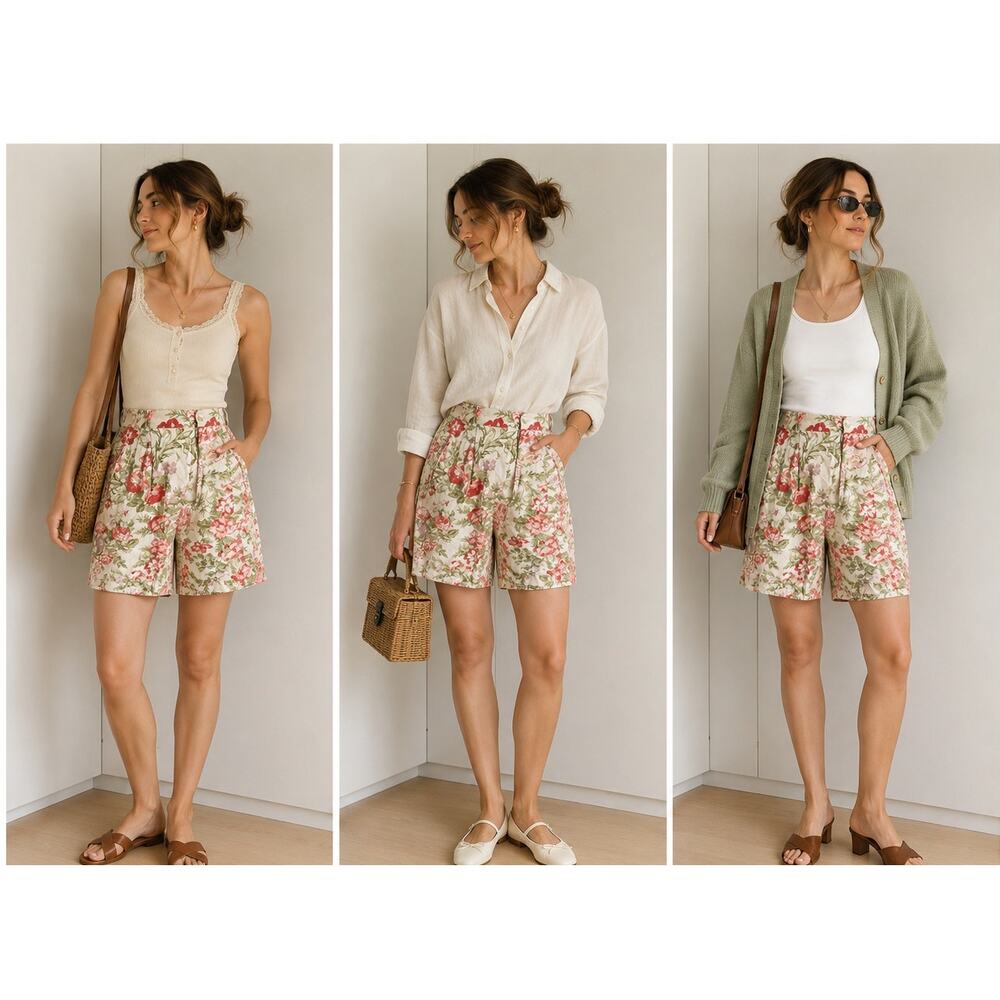 Vintage Linen Floral Print Shorts Size W 24 Pleated Pocket Cottage Core Neutral